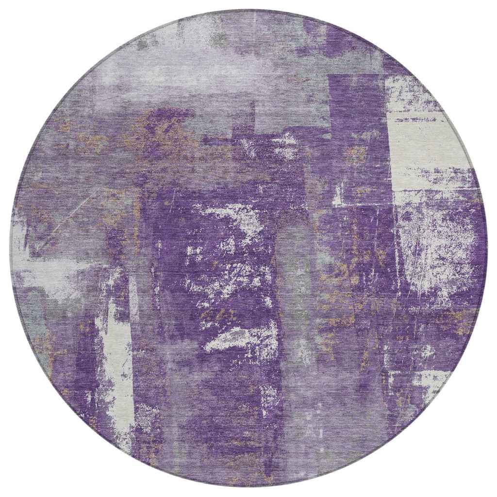 8' Purple And Ivory Round Abstract Washable Indoor Outdoor Area Rug