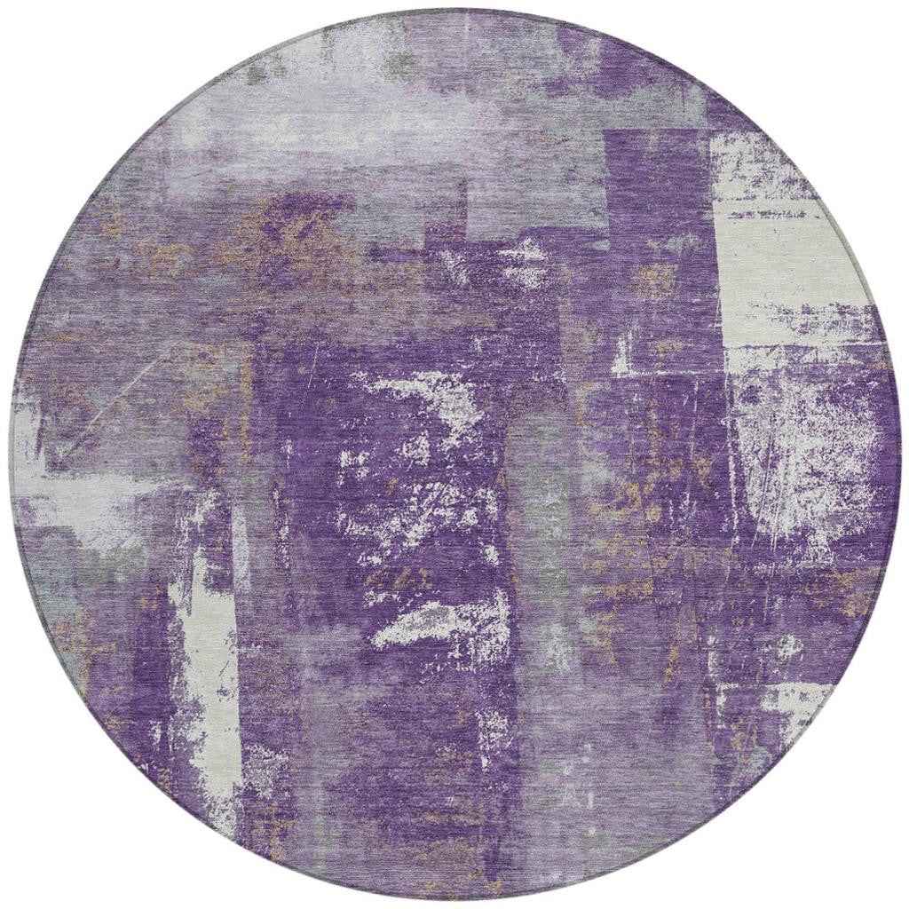 8' Purple And Ivory Round Abstract Washable Indoor Outdoor Area Rug