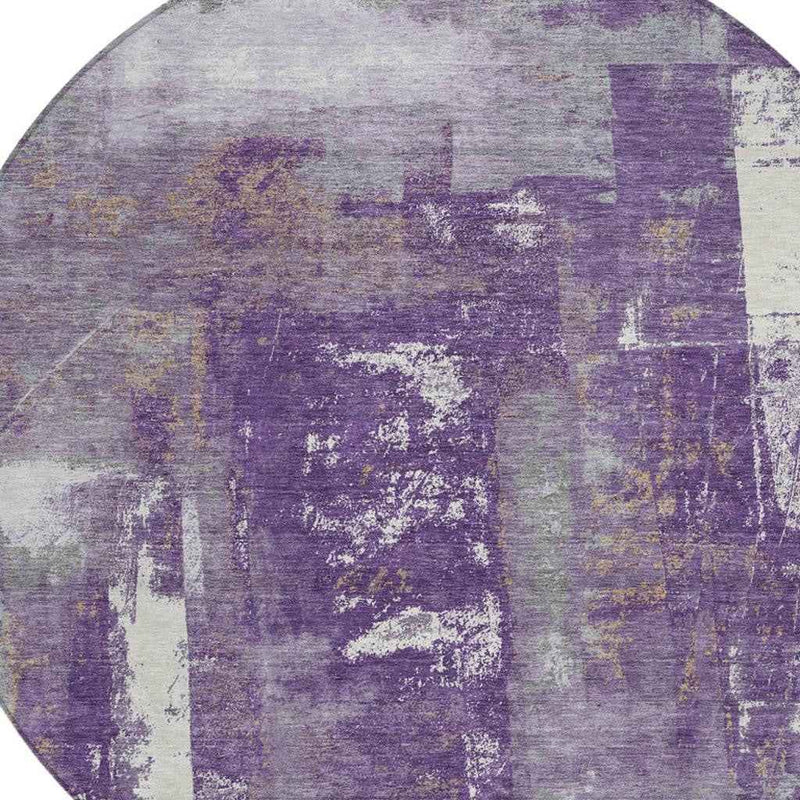 8' Purple And Ivory Round Abstract Washable Indoor Outdoor Area Rug