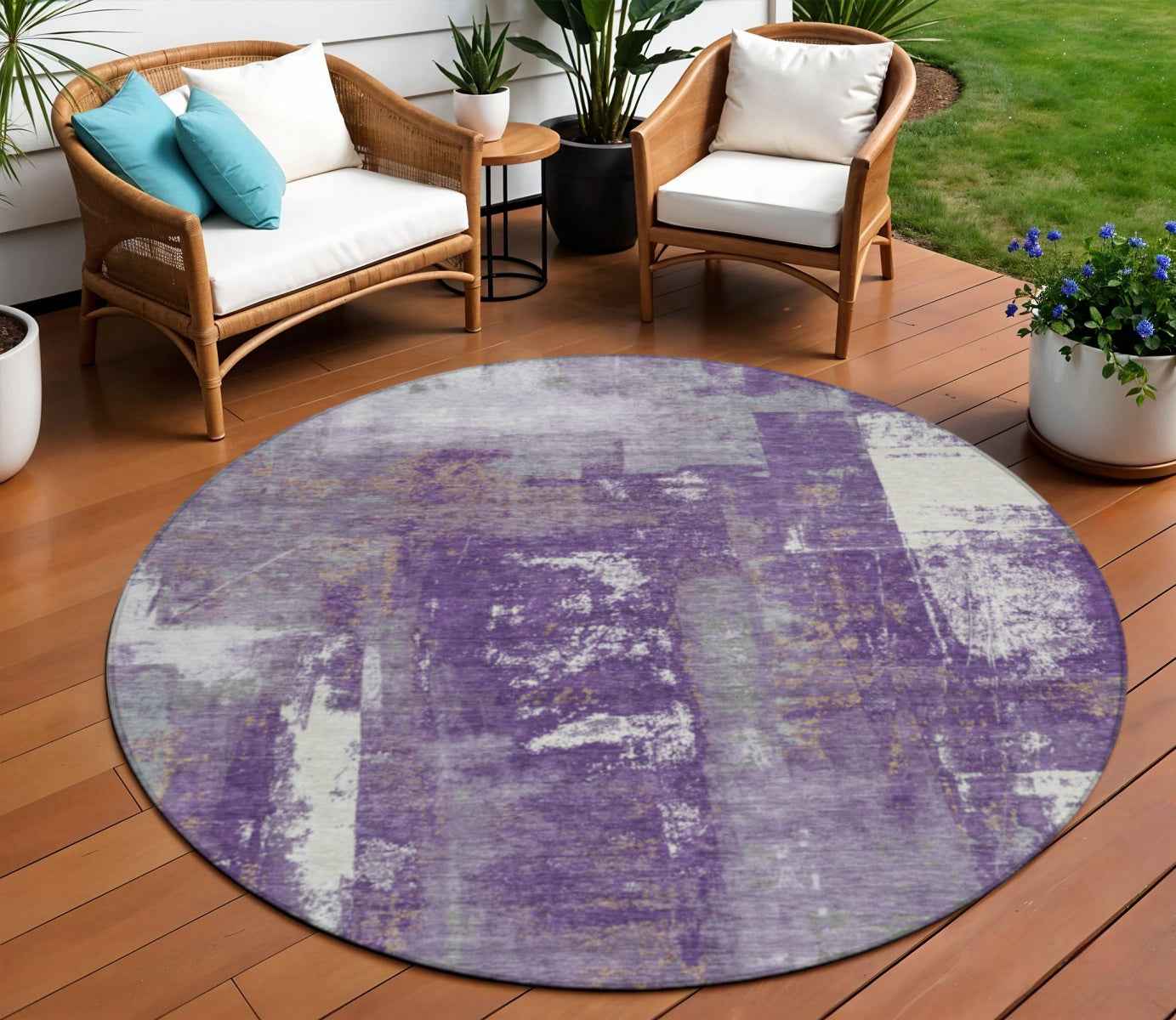 8' Purple And Ivory Round Abstract Washable Indoor Outdoor Area Rug