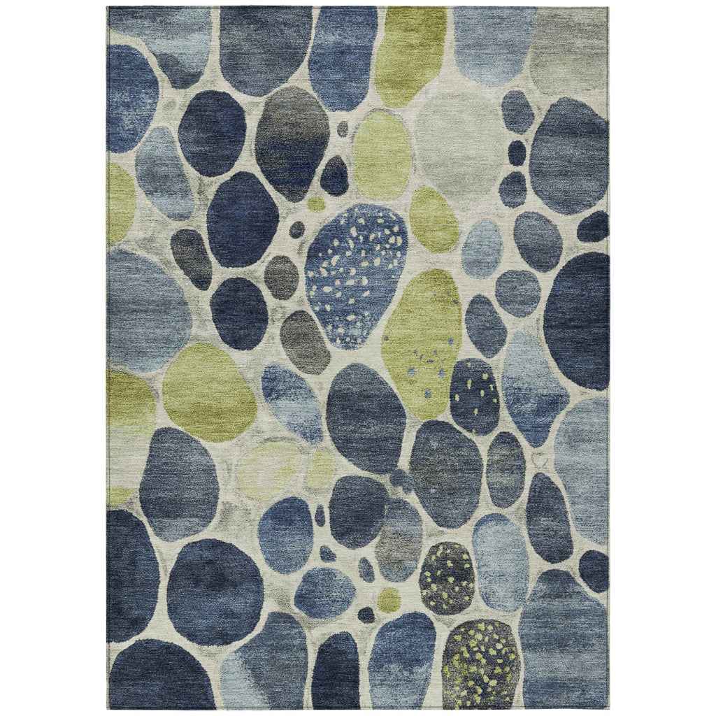 3' X 5' Denim Blue Ivory And Lime Green Geometric Washable Indoor Outdoor Area Rug