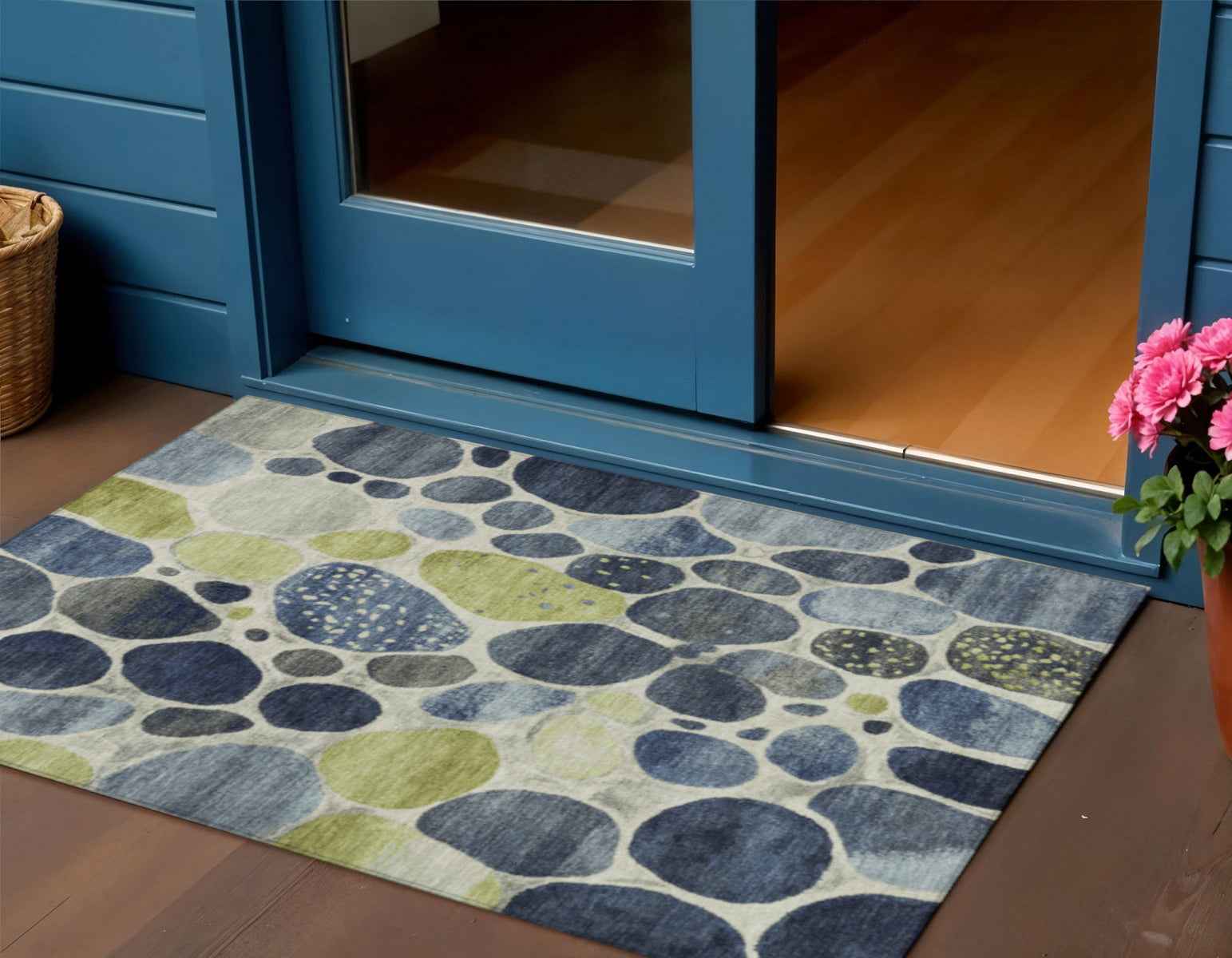 3' X 5' Denim Blue Ivory And Lime Green Geometric Washable Indoor Outdoor Area Rug