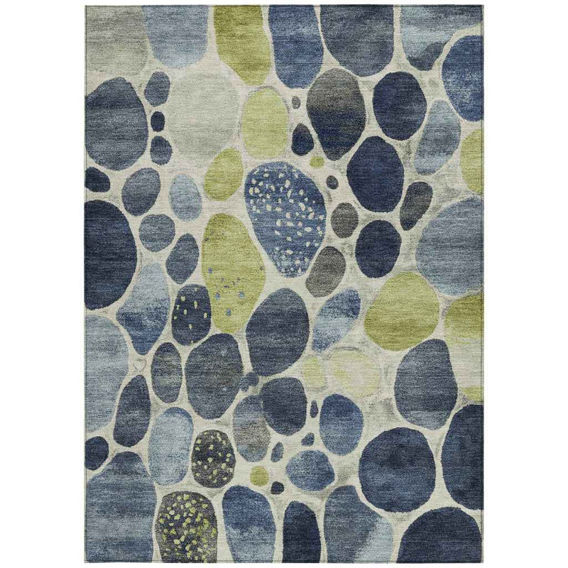 3' X 5' Denim Blue Ivory And Lime Green Geometric Washable Indoor Outdoor Area Rug