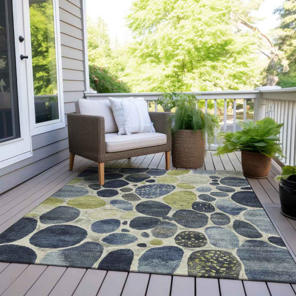 3' X 5' Denim Blue Ivory And Lime Green Geometric Washable Indoor Outdoor Area Rug