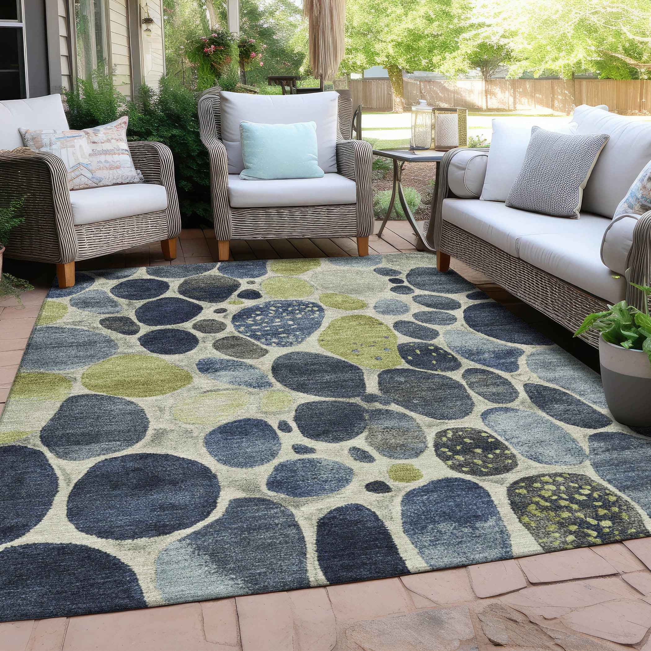 3' X 5' Denim Blue Ivory And Lime Green Geometric Washable Indoor Outdoor Area Rug