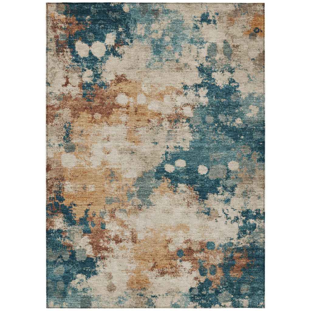 5' X 8' Beige And Teal Blue Abstract Washable Indoor Outdoor Area Rug