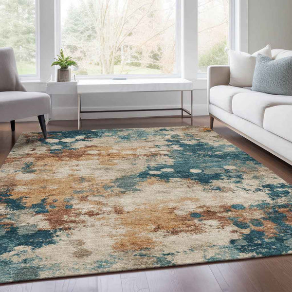 5' X 8' Beige And Teal Blue Abstract Washable Indoor Outdoor Area Rug
