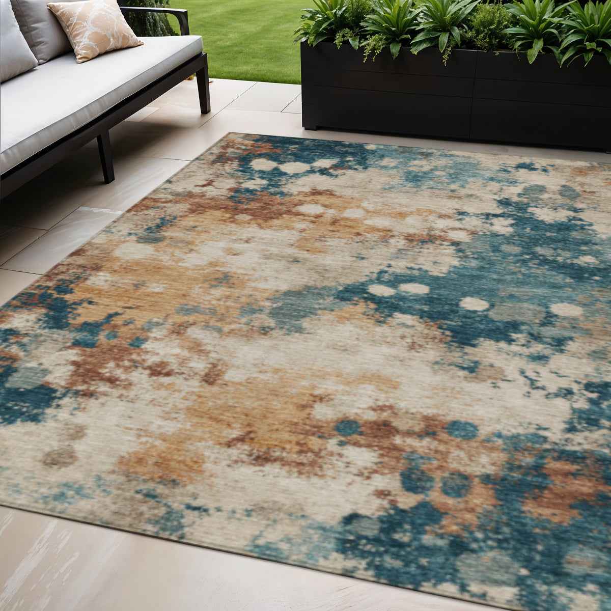 5' X 8' Beige And Teal Blue Abstract Washable Indoor Outdoor Area Rug