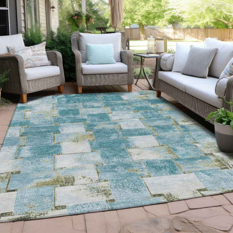 3' X 5' Teal Blue And Khaki Striped Washable Indoor Outdoor Area Rug