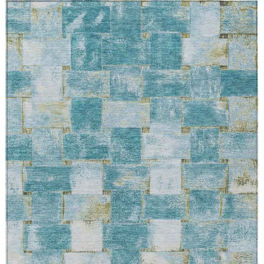 3' X 5' Teal Blue And Khaki Striped Washable Indoor Outdoor Area Rug