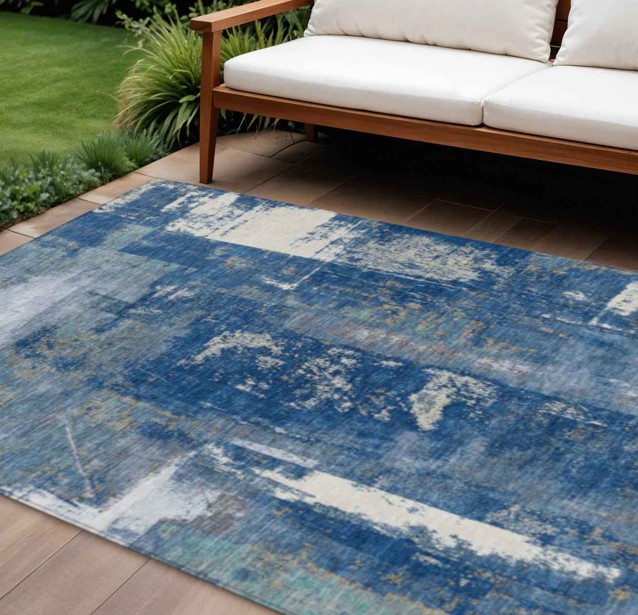 10' X 14' Navy Blue And Ivory Abstract Washable Indoor Outdoor Area Rug