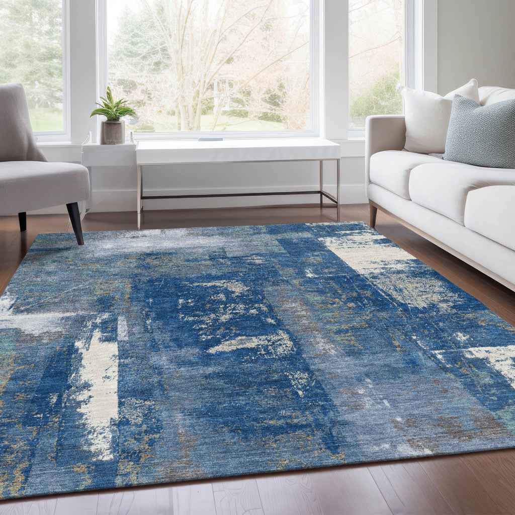 10' X 14' Navy Blue And Ivory Abstract Washable Indoor Outdoor Area Rug