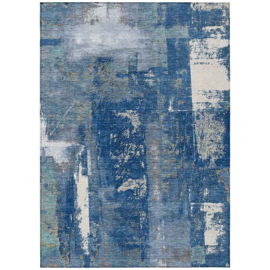 10' X 14' Navy Blue And Ivory Abstract Washable Indoor Outdoor Area Rug