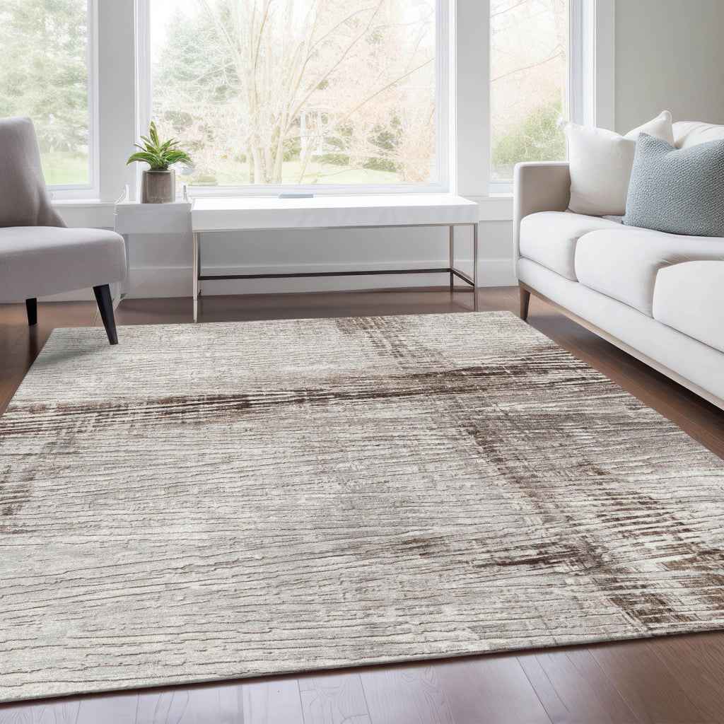 9' X 12' Taupe And Ivory Striped Washable Indoor Outdoor Area Rug