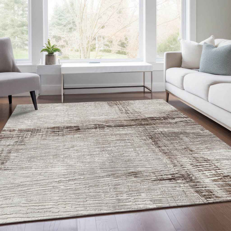 9' X 12' Taupe And Ivory Striped Washable Indoor Outdoor Area Rug