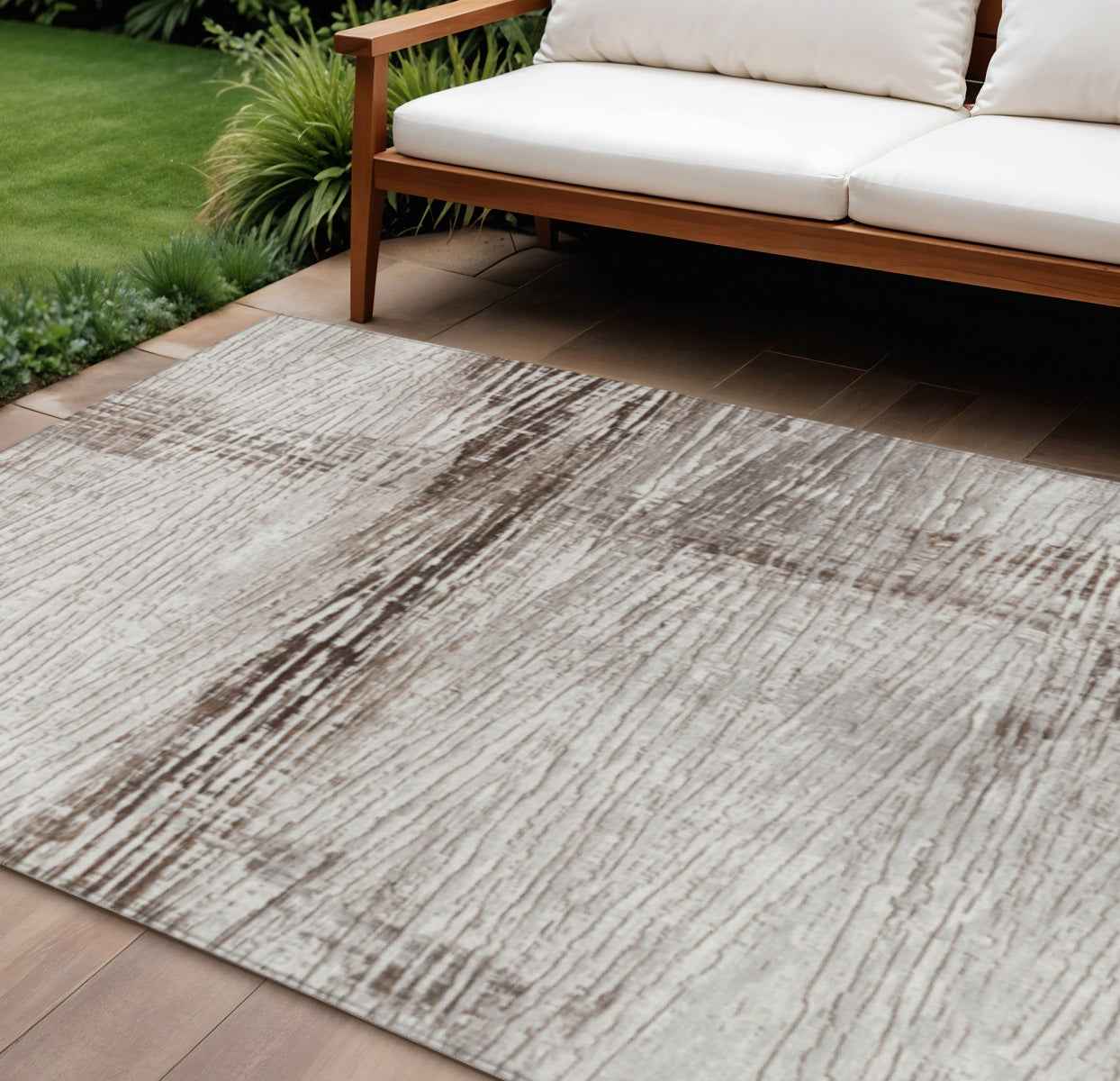 9' X 12' Taupe And Ivory Striped Washable Indoor Outdoor Area Rug