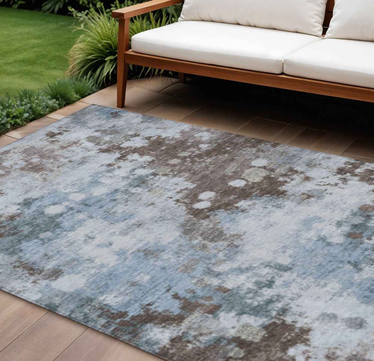 8' X 10' Sky Blue And Brown Abstract Washable Indoor Outdoor Area Rug