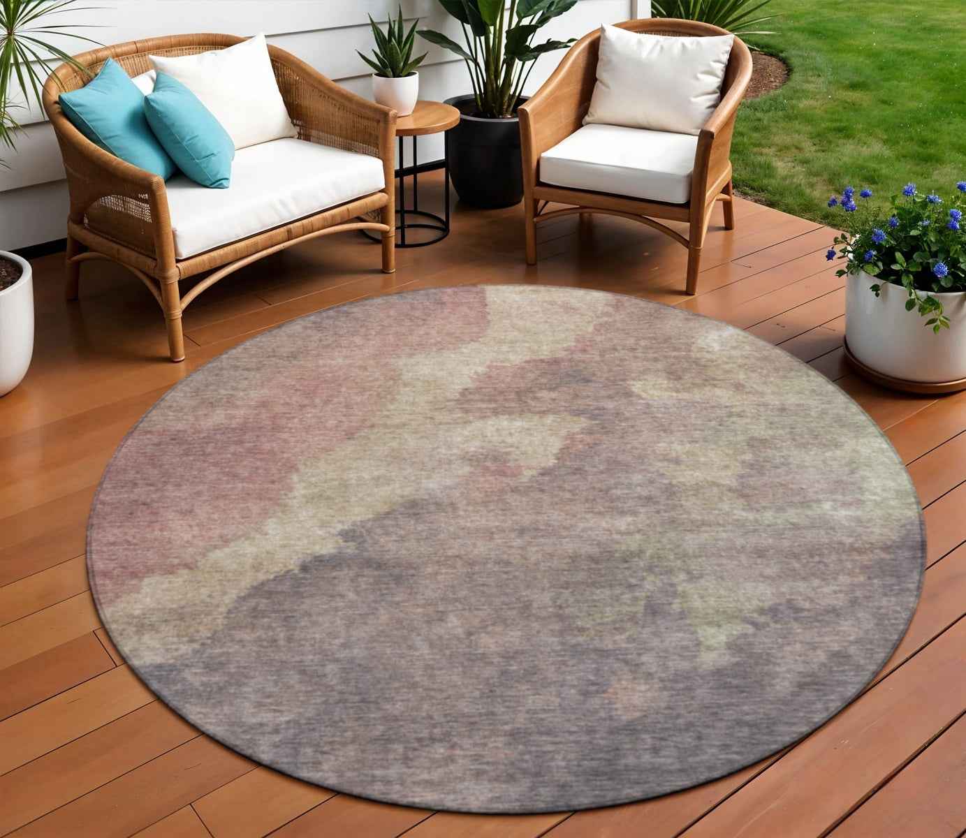 8' Copper And Taupe Round Abstract Washable Indoor Outdoor Area Rug
