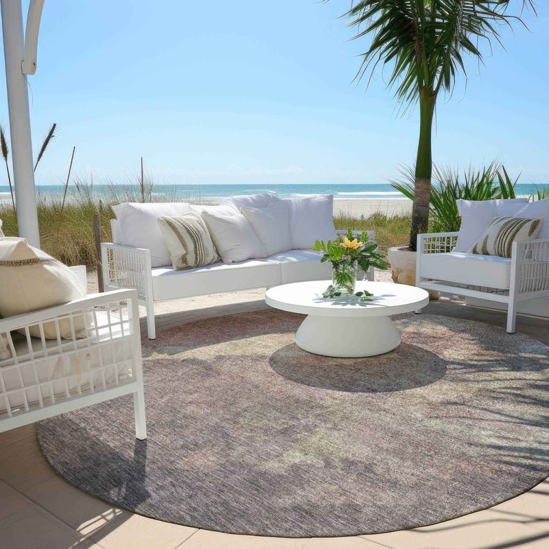 8' Copper And Taupe Round Abstract Washable Indoor Outdoor Area Rug