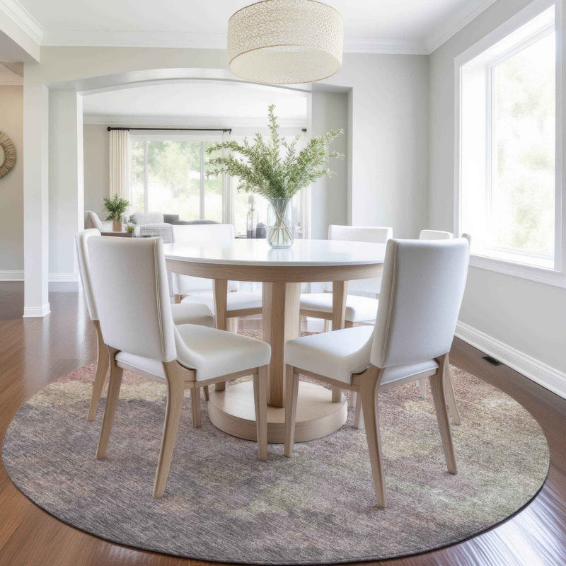 8' Copper And Taupe Round Abstract Washable Indoor Outdoor Area Rug