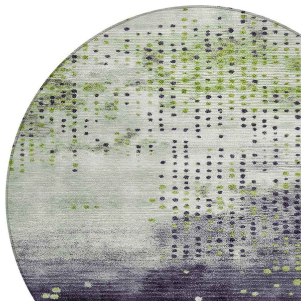 8' Artichoke Green And Purple Round Geometric Washable Indoor Outdoor Area Rug