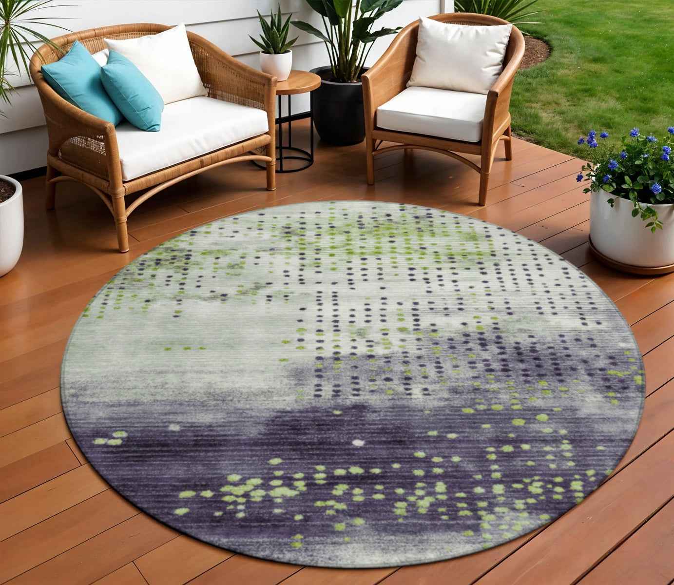 8' Artichoke Green And Purple Round Geometric Washable Indoor Outdoor Area Rug