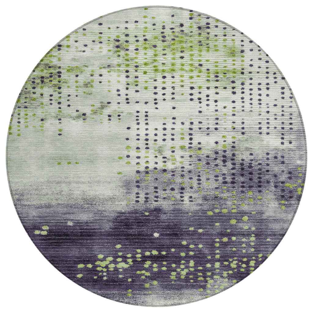 8' Artichoke Green And Purple Round Geometric Washable Indoor Outdoor Area Rug