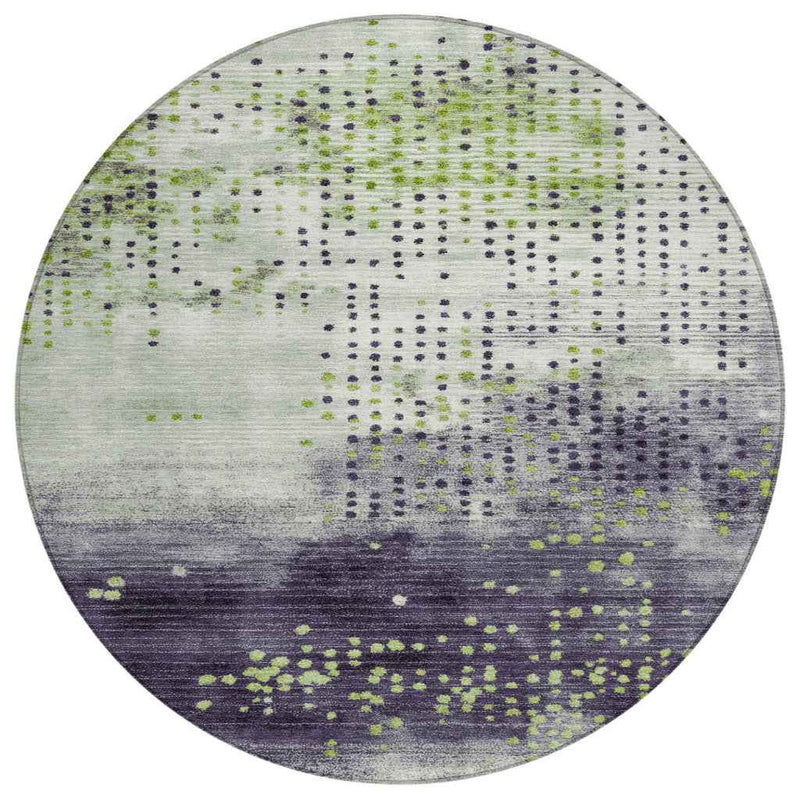 8' Artichoke Green And Purple Round Geometric Washable Indoor Outdoor Area Rug