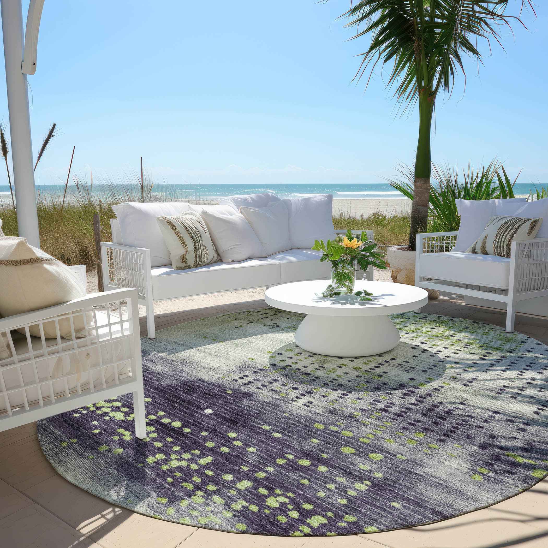 8' Artichoke Green And Purple Round Geometric Washable Indoor Outdoor Area Rug