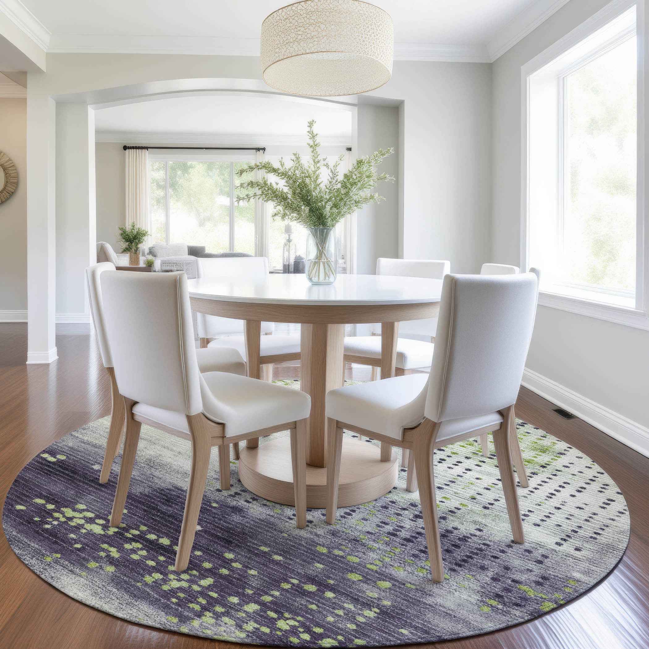 8' Artichoke Green And Purple Round Geometric Washable Indoor Outdoor Area Rug