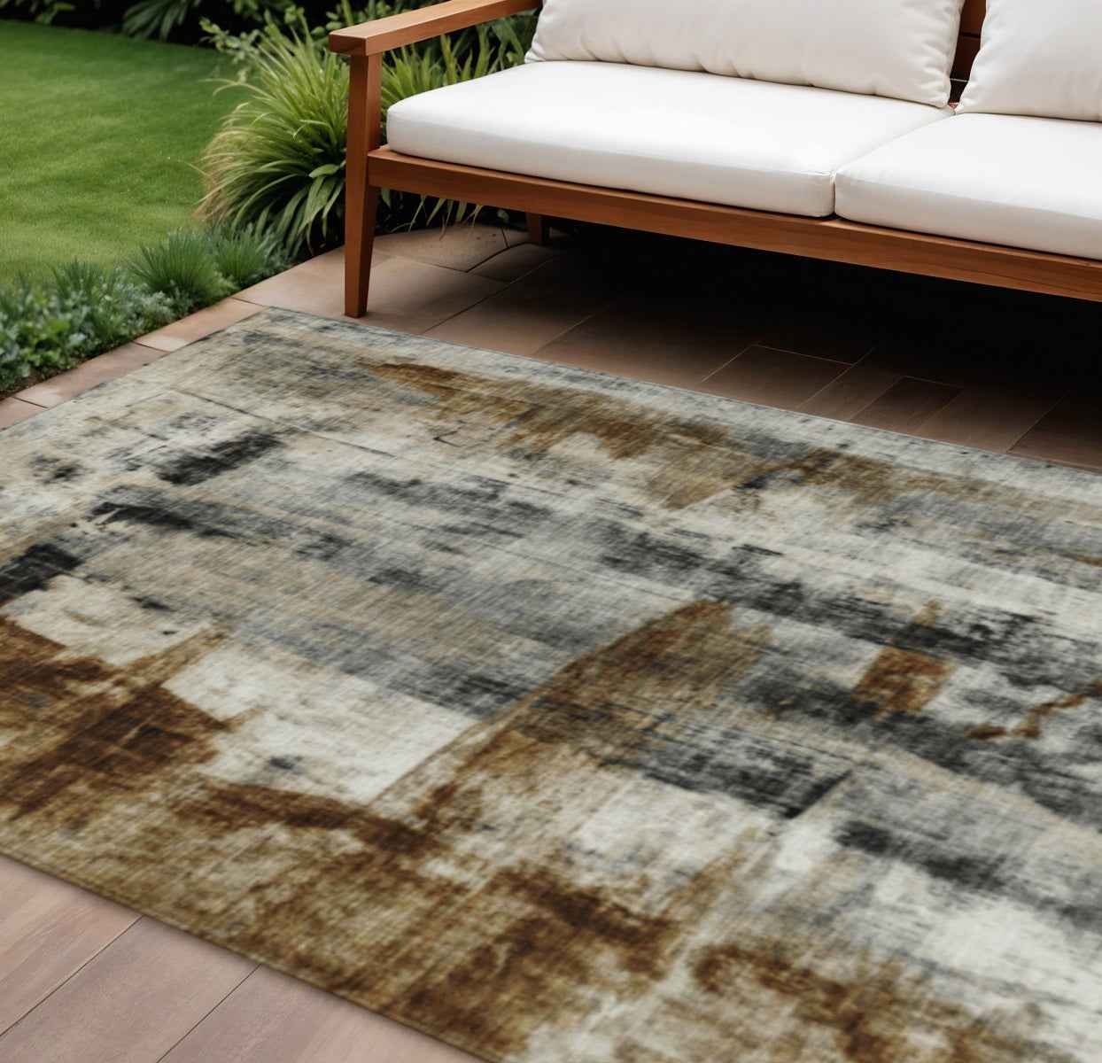 10' X 14' Taupe And Ivory Abstract Washable Indoor Outdoor Area Rug