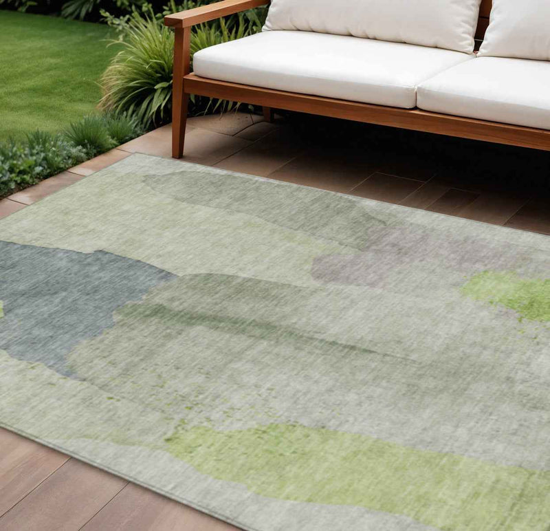 9' X 12' Artichoke Green And Taupe Abstract Washable Indoor Outdoor Area Rug