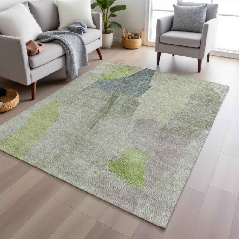 9' X 12' Artichoke Green And Taupe Abstract Washable Indoor Outdoor Area Rug