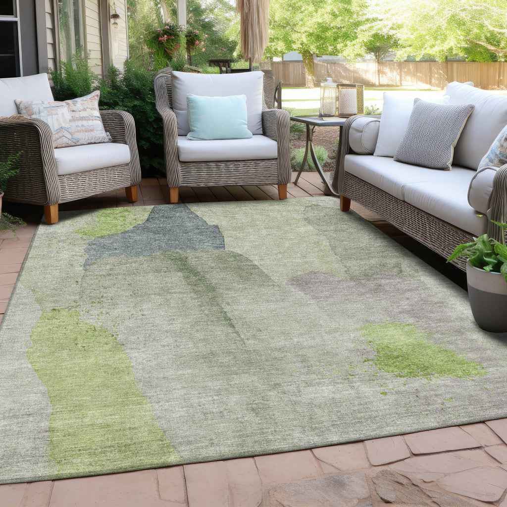 9' X 12' Artichoke Green And Taupe Abstract Washable Indoor Outdoor Area Rug