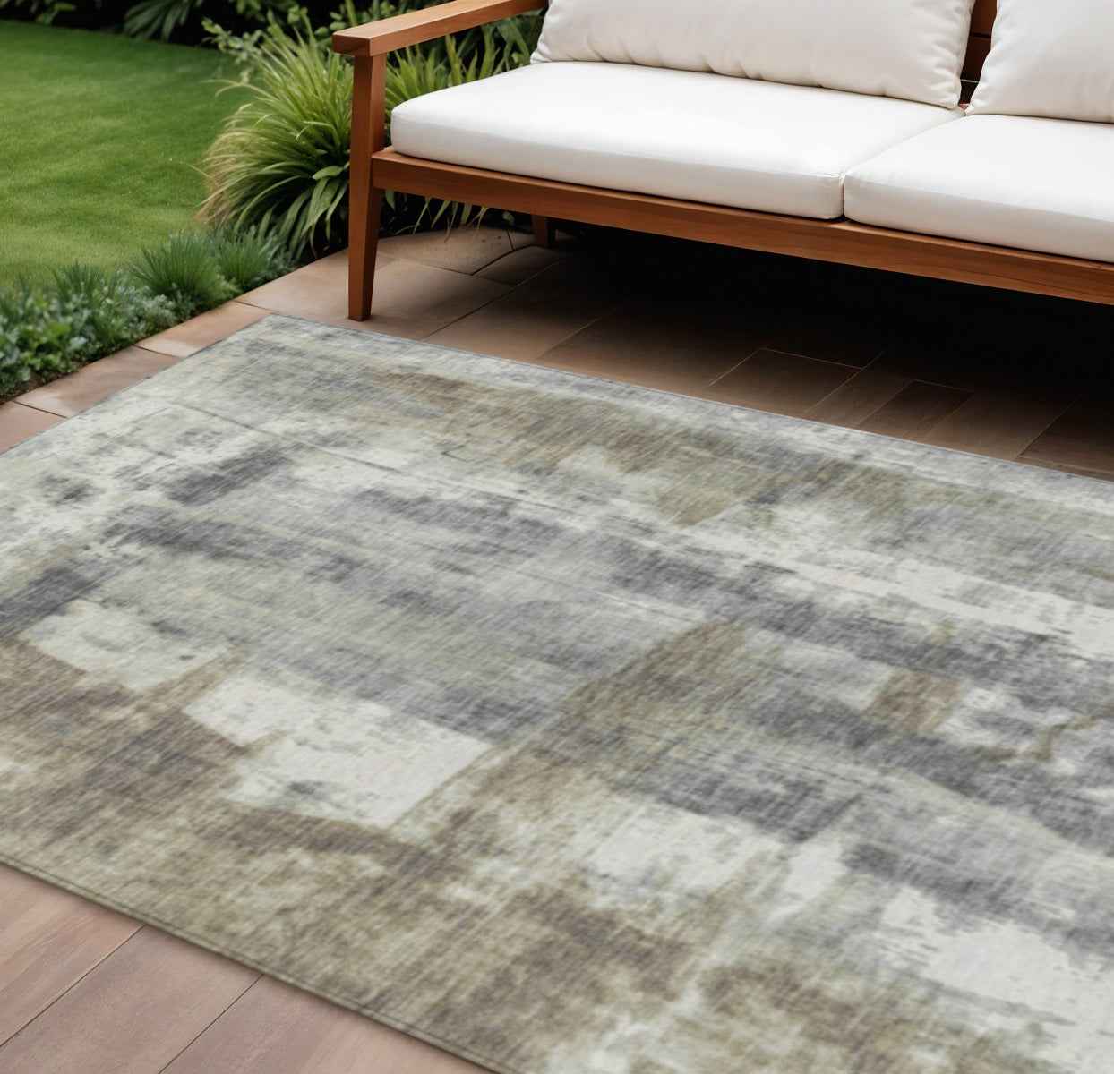 8' X 10' Beige And Ivory Abstract Washable Indoor Outdoor Area Rug