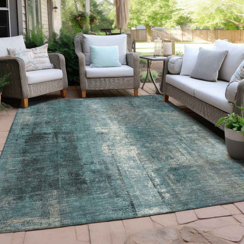 3' X 5' Teal Blue And Ivory Abstract Washable Indoor Outdoor Area Rug