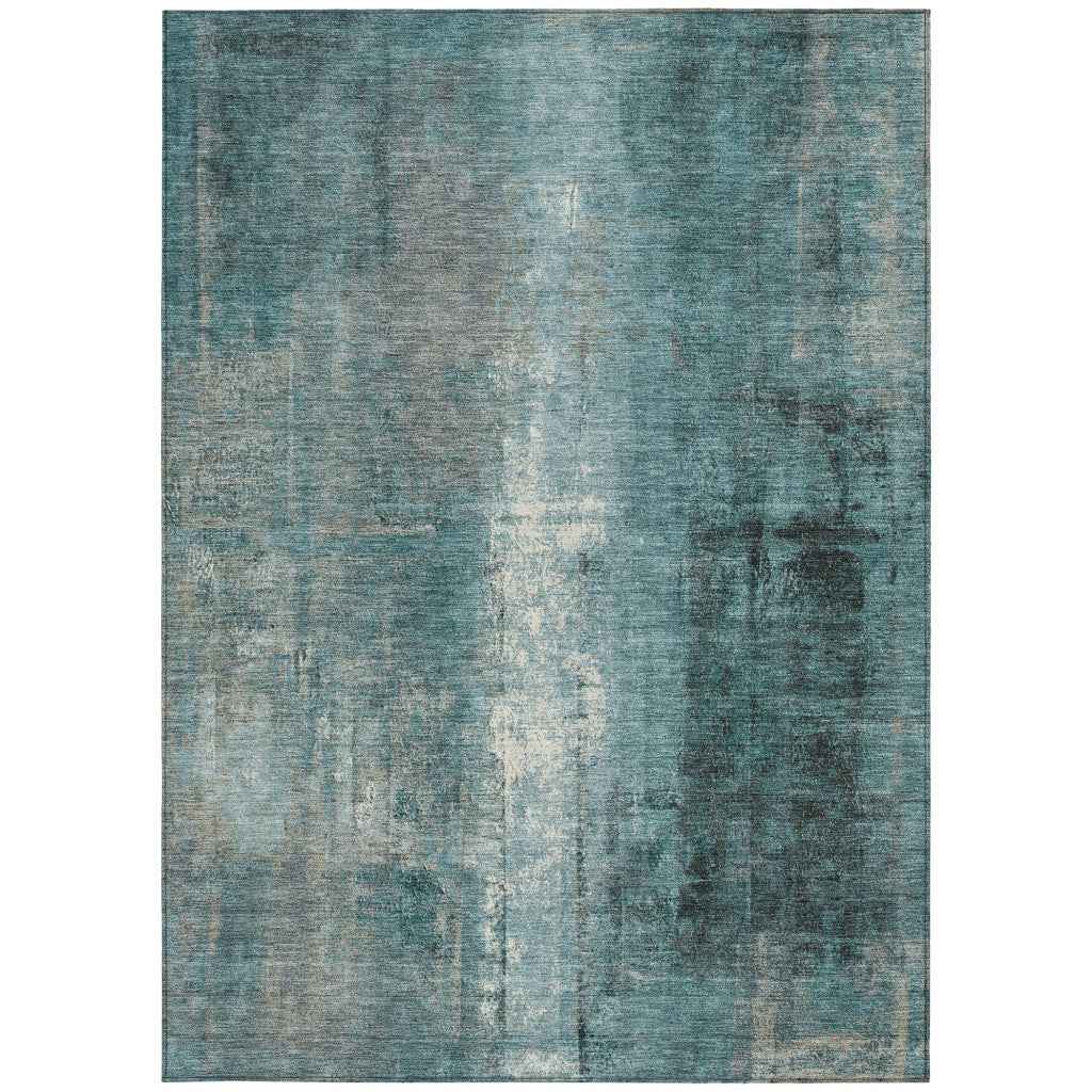 3' X 5' Teal Blue And Ivory Abstract Washable Indoor Outdoor Area Rug