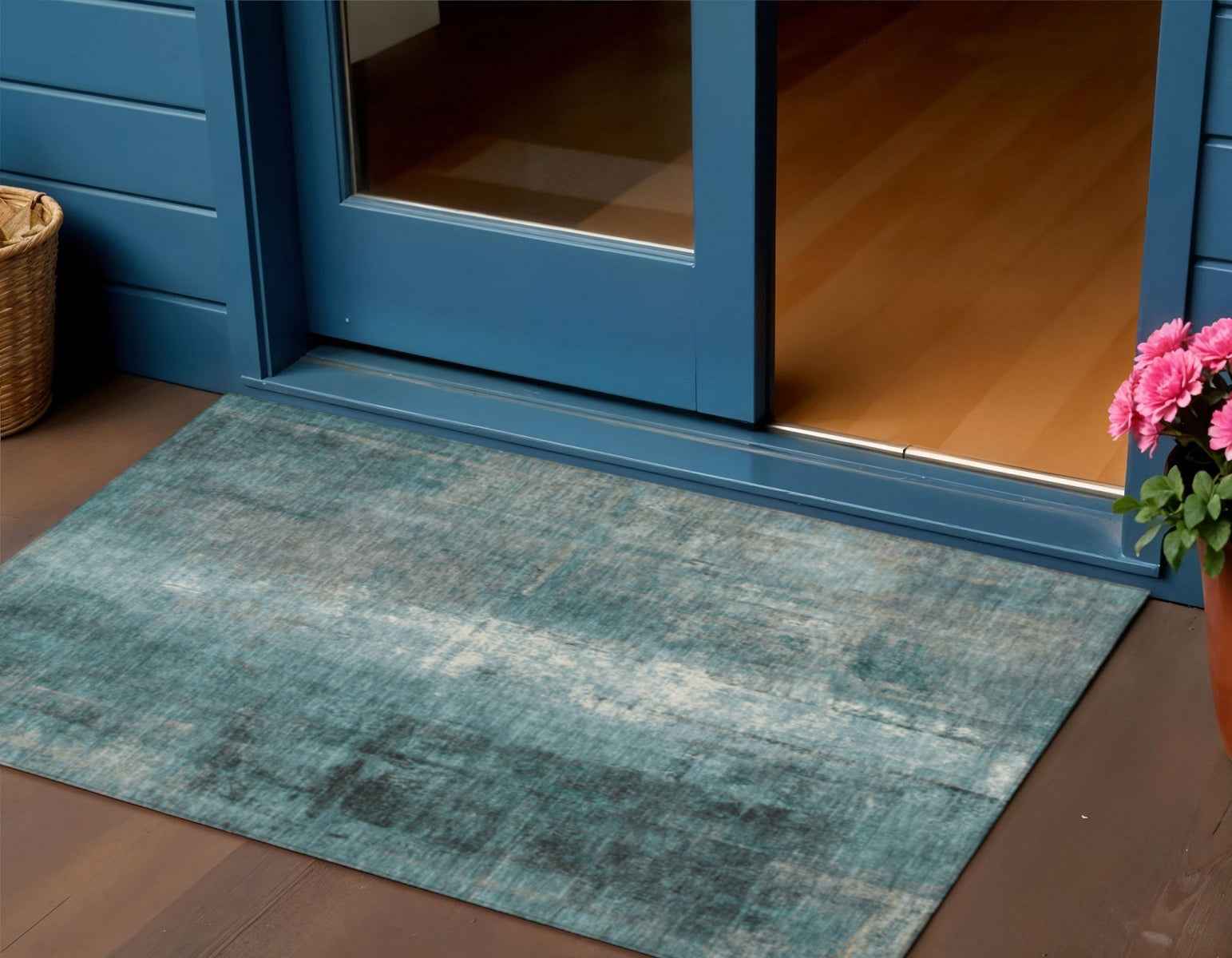 3' X 5' Teal Blue And Ivory Abstract Washable Indoor Outdoor Area Rug