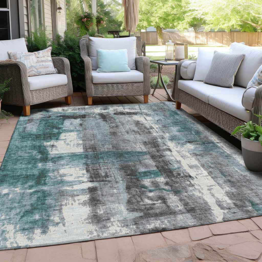 8' X 10' Teal Blue And Ivory Abstract Washable Indoor Outdoor Area Rug