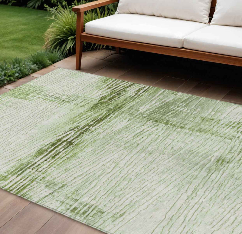 10' X 14' Artichoke Green And Ivory Striped Washable Indoor Outdoor Area Rug