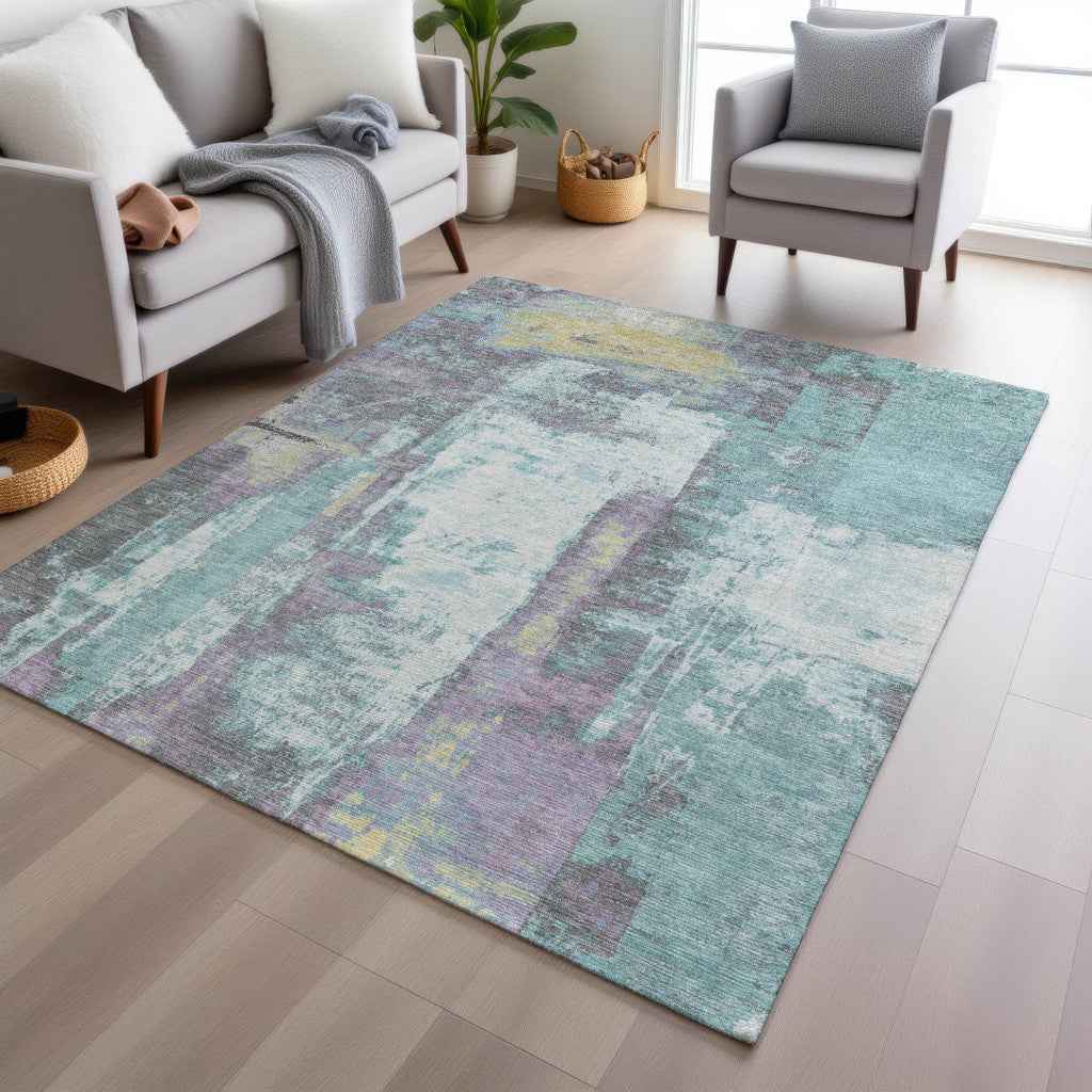 9' X 12' Teal Blue And Ivory Abstract Washable Indoor Outdoor Area Rug