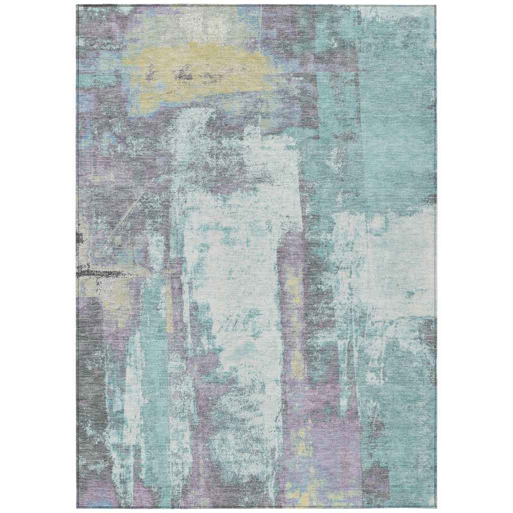 9' X 12' Teal Blue And Ivory Abstract Washable Indoor Outdoor Area Rug
