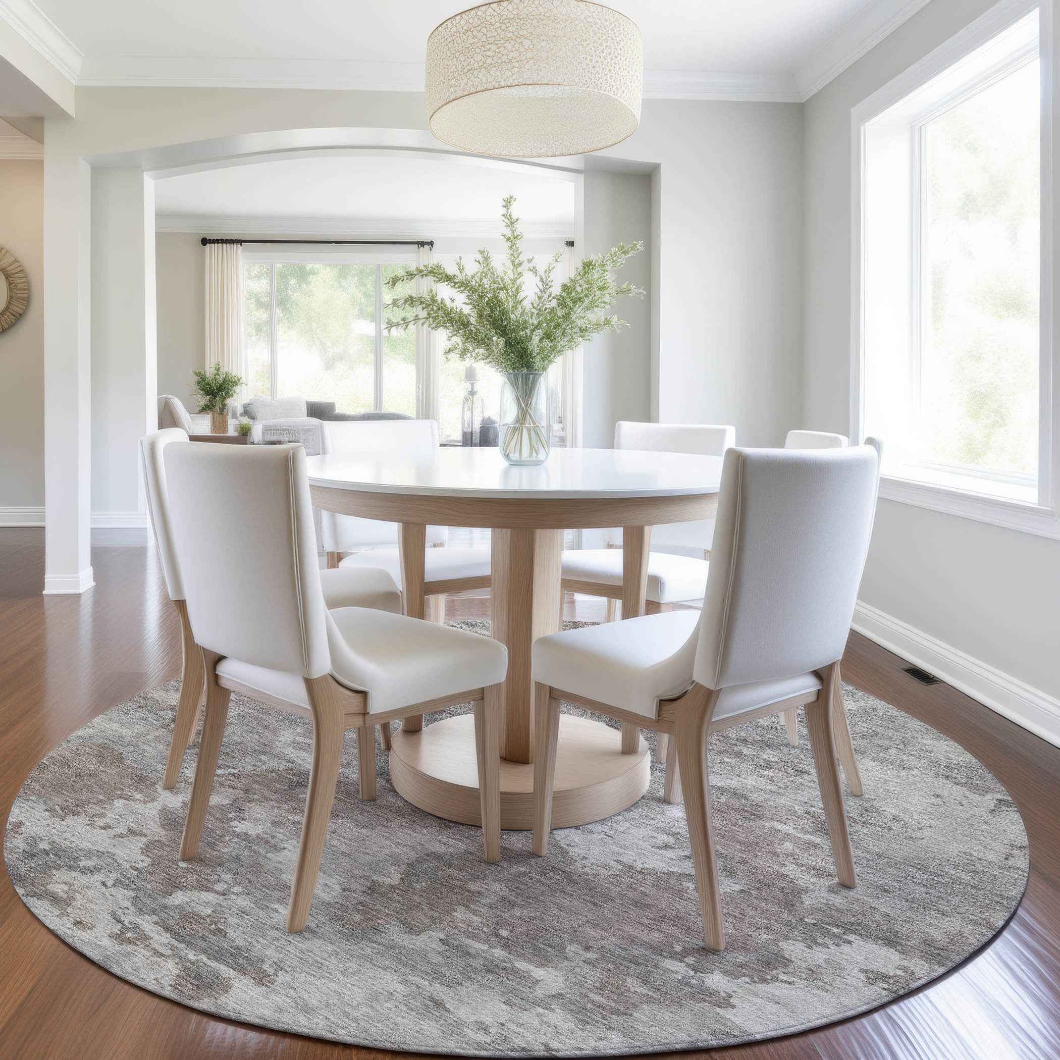 8' Brown And Ivory Round Abstract Washable Indoor Outdoor Area Rug