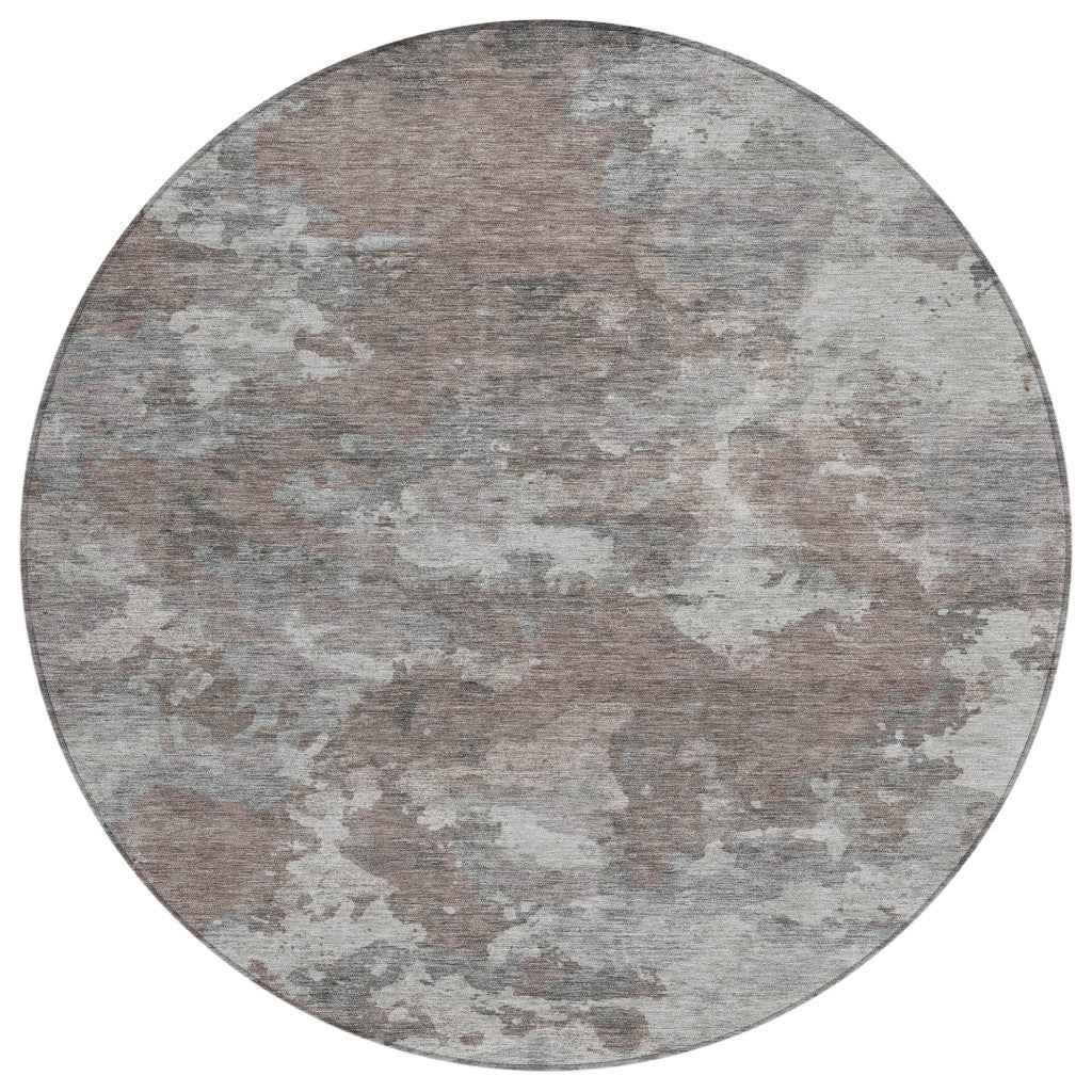 8' Brown And Ivory Round Abstract Washable Indoor Outdoor Area Rug