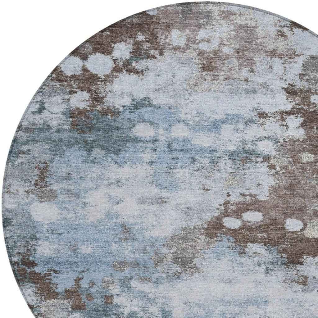8' Sky Blue And Brown Round Abstract Washable Indoor Outdoor Area Rug