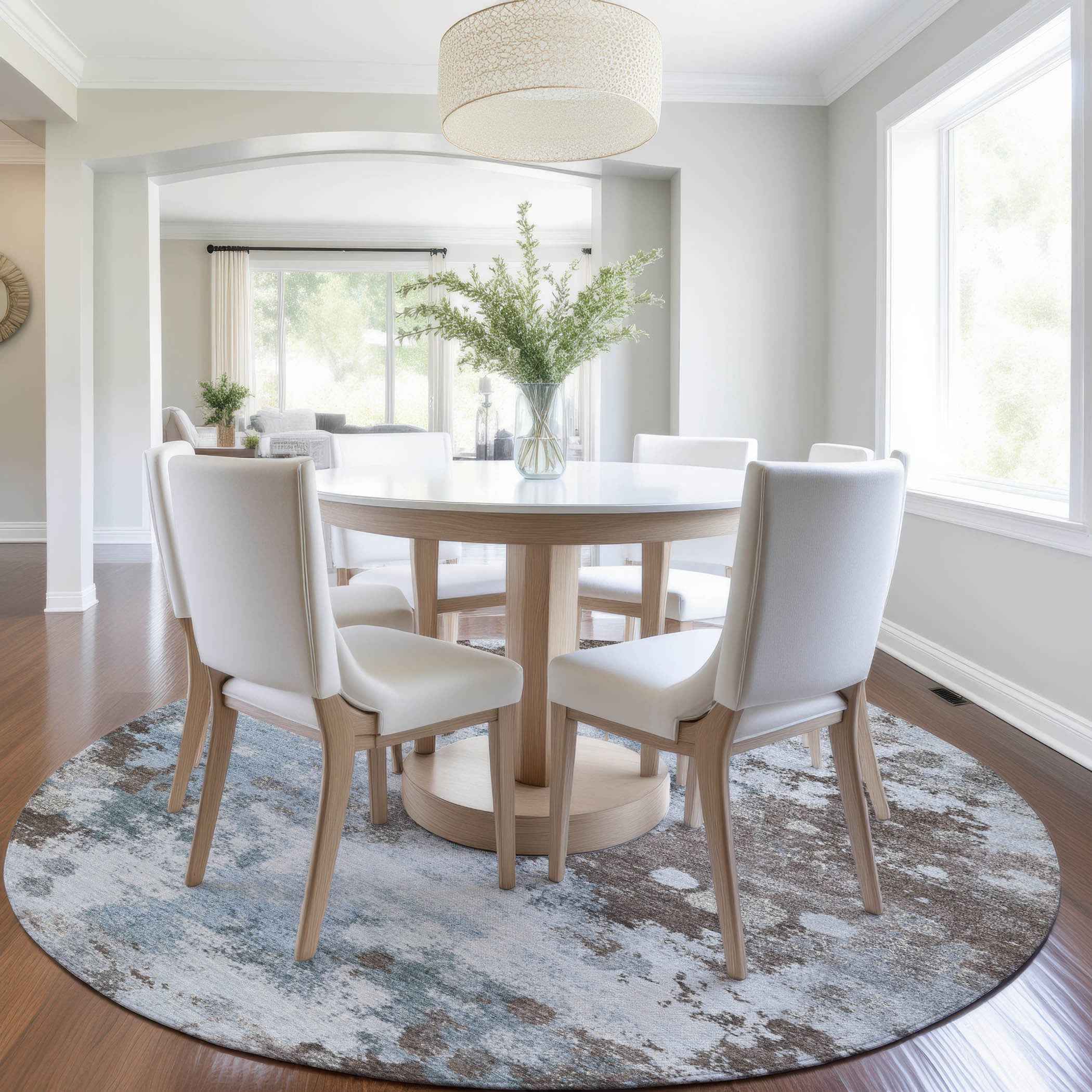 8' Sky Blue And Brown Round Abstract Washable Indoor Outdoor Area Rug