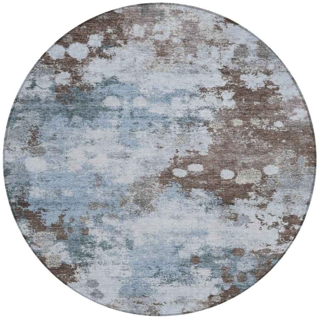 8' Sky Blue And Brown Round Abstract Washable Indoor Outdoor Area Rug