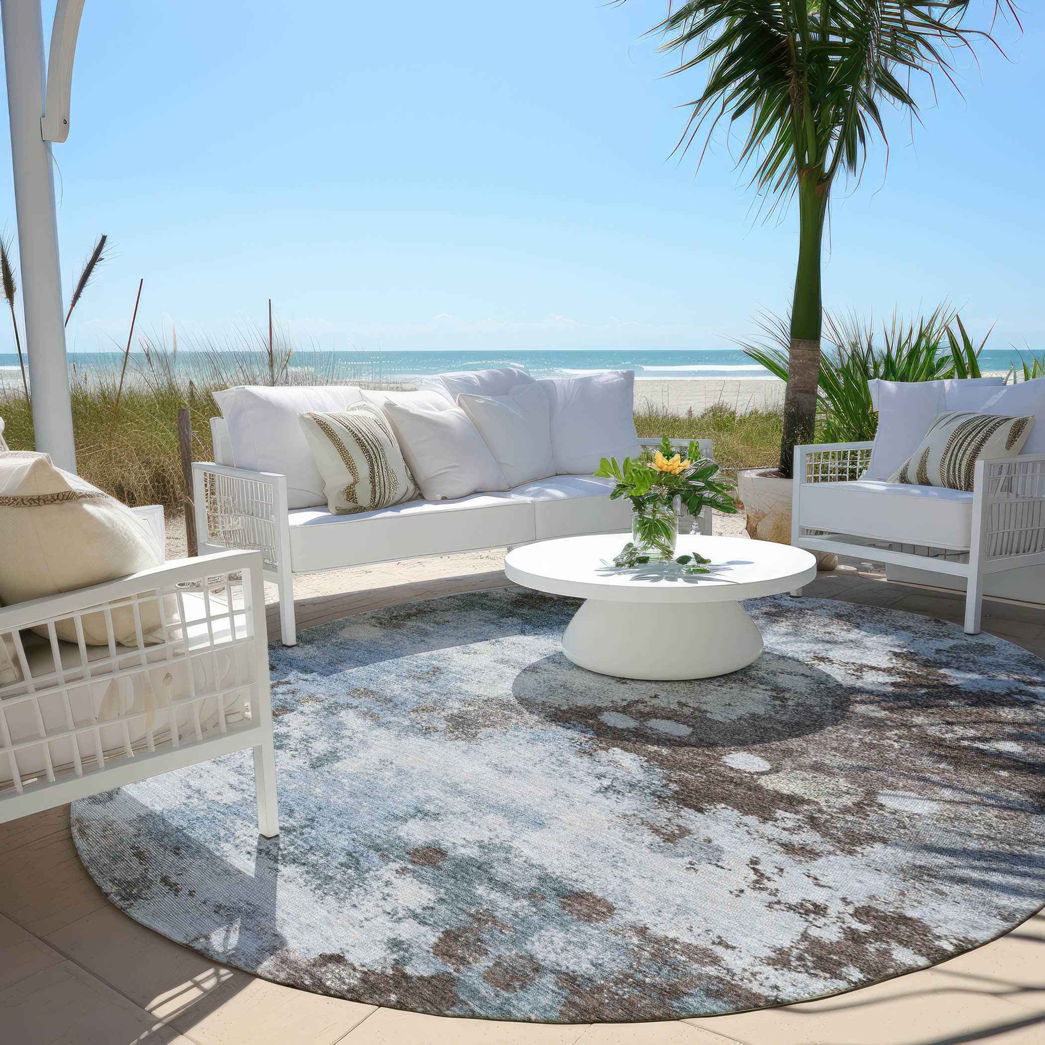 8' Sky Blue And Brown Round Abstract Washable Indoor Outdoor Area Rug