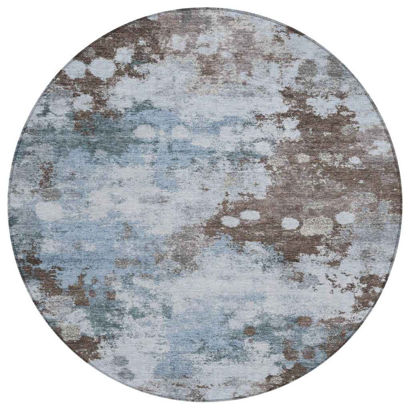 8' Sky Blue And Brown Round Abstract Washable Indoor Outdoor Area Rug