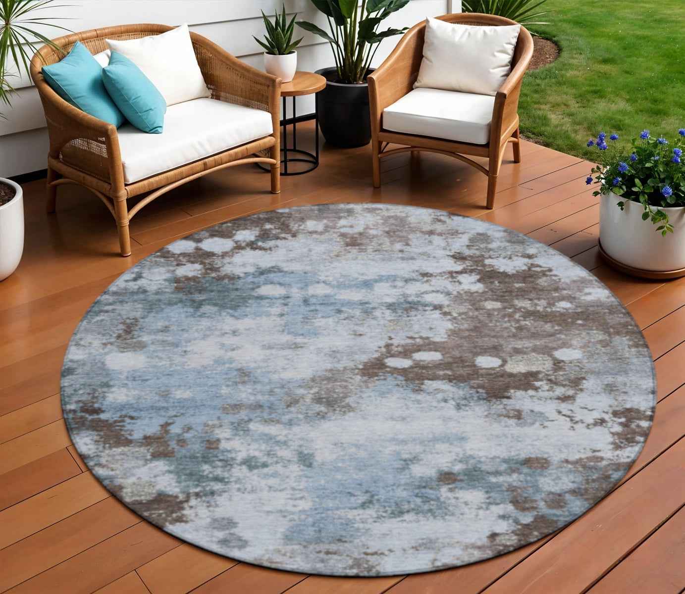 8' Sky Blue And Brown Round Abstract Washable Indoor Outdoor Area Rug